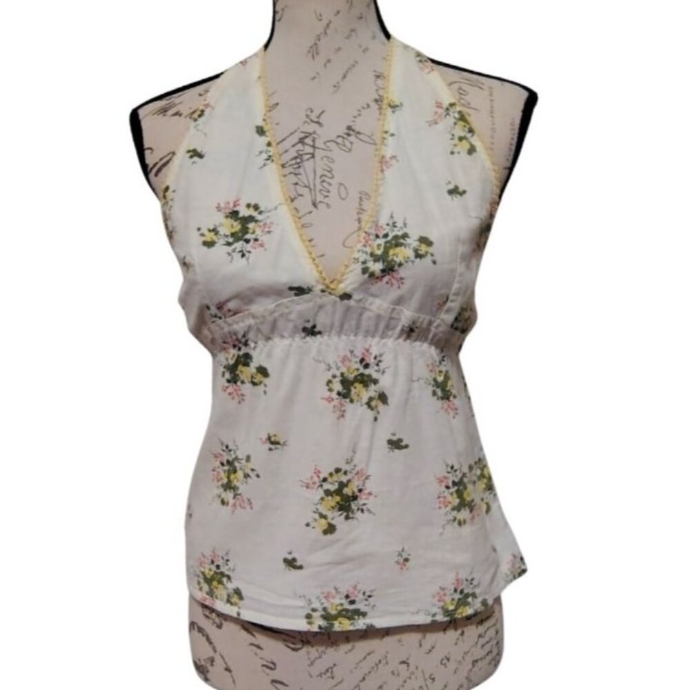 Vintage Y2K Floral‎ Halter Top Medium Empire Waist Cotton White Yellow Spring